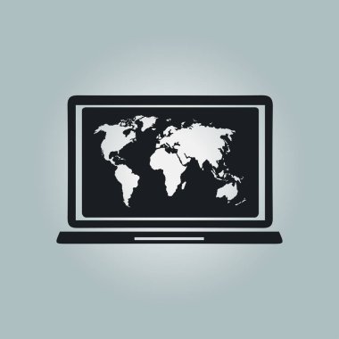 Laptop ve dünya harita illüstrasyon. Dünya harita Coğrafya sembolü. Düz tasarım stili. Vektör Eps 10.