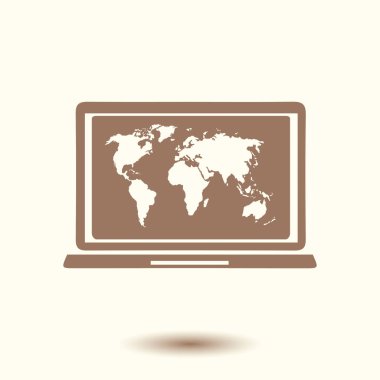 Laptop ve dünya harita illüstrasyon. Dünya harita Coğrafya sembolü. Düz tasarım stili. Vektör Eps 10.