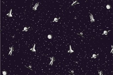 Uzayda uzay gemileri ve yıldızları olan gezegenler ve astronotlar