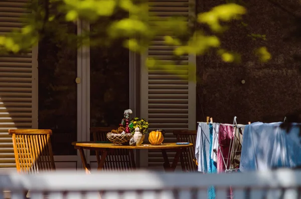 Ruhiger Privater Garten Der Nähe Des Hauses Sonnenschatten Und Komfortabler — Stockfoto