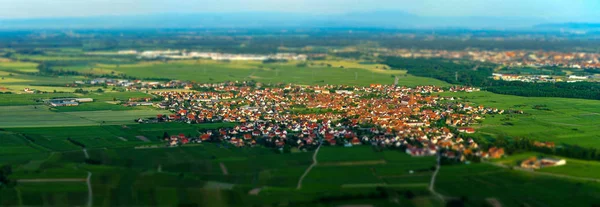Geniş hava yüksek çözünürlüklü panoramik görüntüsü üzerinde üzüm bağları, Alsace, Fransa yeşil Vadisi günbatımı