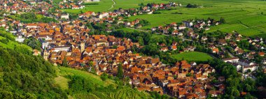Geniş panoramik hava görünümünü Alsace, Ribeauville. Yeşil vadi. Fransa.