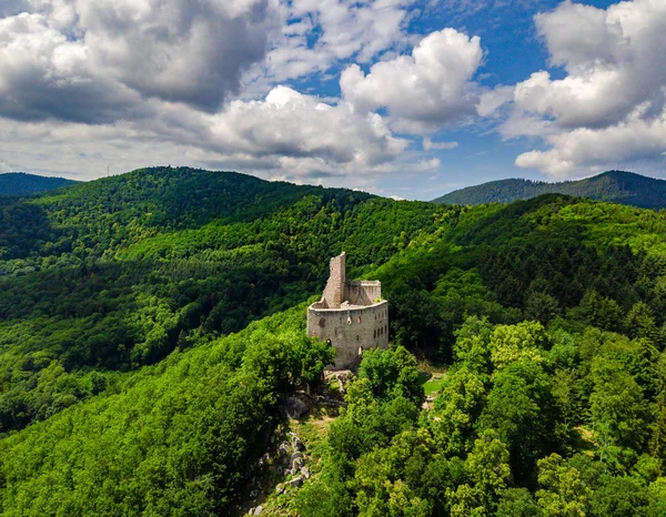 Vista Aérea Drone Ruínas Antigo Castelo Medieval Spesbourg Alsácia França — Fotografia de Stock