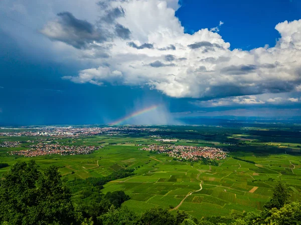 Panorama Flygfoto Över Regnbågen Över Den Gröna Dalen Alsace Frankrike — Stockfoto