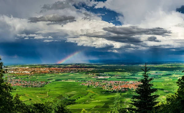 Letecký Panoramatický Pohled Rainbow Zelené Údolí Drony Střelba Alsasko Francie — Stock fotografie