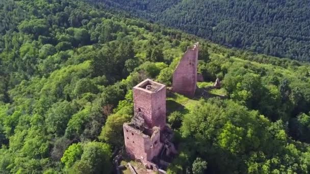 つの城の遺跡に近いコルマール アルザス 空中ドローンを表示します フランス — ストック動画