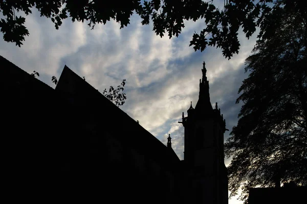 Svart Siluett Medeltida Gotiska Kyrkan Sunset Himmel Bakgrund Tyskland — Stockfoto