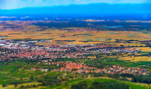 Renkli Vadiye Güzel Tilt Shift Havadan Görünümden Tepeye Alsace Fransa — Stok fotoğraf