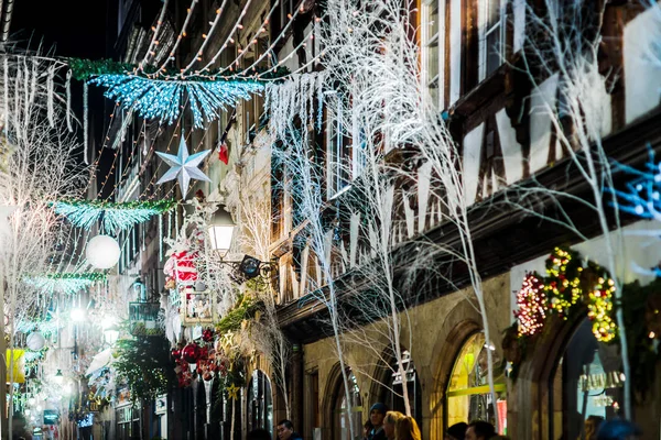 Christmas street decoration of Strasbourg, highlighted buildings and new year atmosphere. France