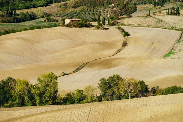 Moradia Itália Antiga Quinta Nas Ondas Campos Colinas Toscana Outono — Fotografia de Stock