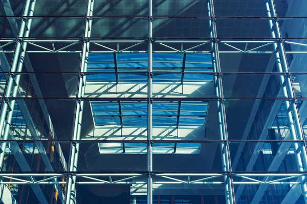 Glass transparent wall of modern building, perspective view, Strasbourg