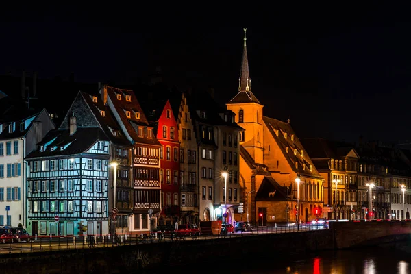 Saint Nicolas Templomot Strasbourg Éjszaka Nézetben Gondolatok Folyó Beteg Franciaország — Stock Fotó