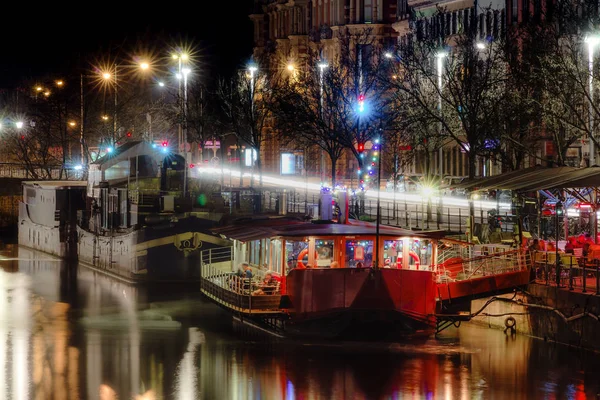 Gece Restoranlar Büyük Gemilerde Nehir Hasta Strasbourg Fransa — Stok fotoğraf