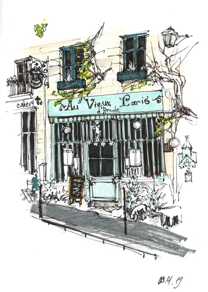 Klassiska Franska Café Entré Gatan Paris Målad Markörer — Stockfoto