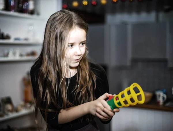 Cute Little Long Haired Girl Playing Games Home Hooligan Type — Stock Photo, Image