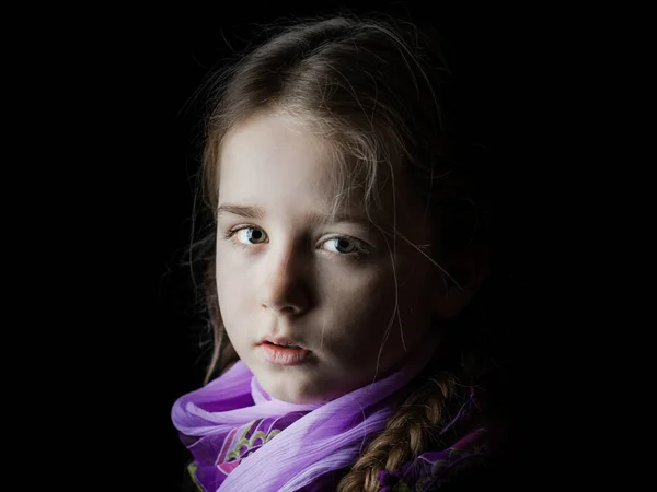 Beautiful Little Girl Portrait Black Background Seriously Child Indoor — Stock Photo, Image