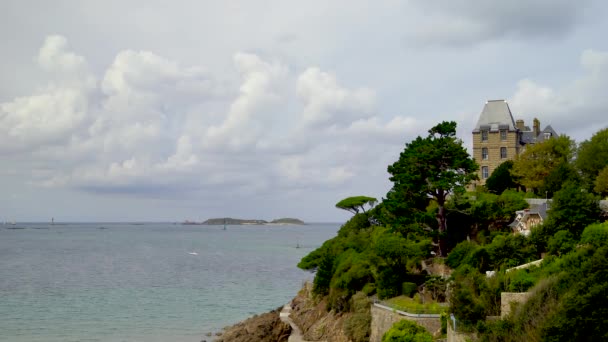 Sea View Bank Brittany Wonderful Ancient Castle Ships Distance North — Stock Video