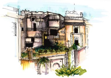 Elements İtalya şehirler. Boyalı kroki, sanat eseri ve dekorasyon.