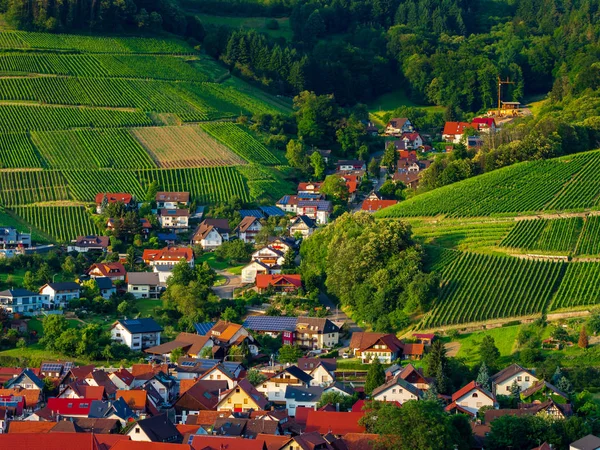 Petit village allemand confortable entre les collines verdoyantes, vignobles dans — Photo