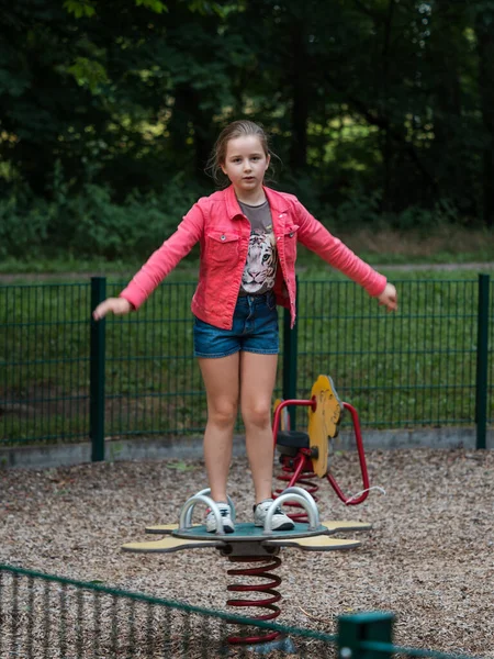 Girl Schoolgirl Plays Playground Emotions Childhood France — Stock Photo, Image