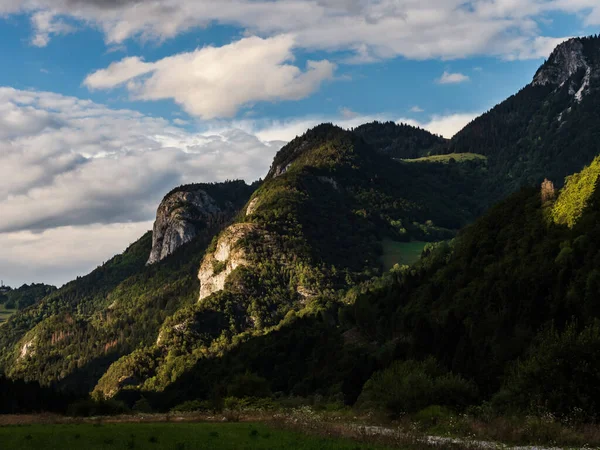 Panoramablick Auf Almen Und Felsen Bei Sonnenuntergang Abendbeleuchtung Alpen — Stockfoto