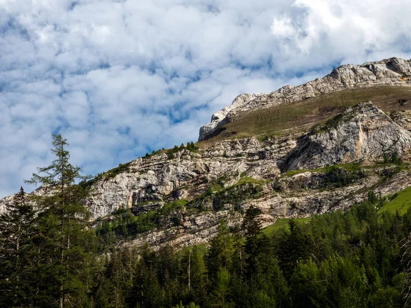 생명이 무시무시 바위들 알프스 산맥에 빙하들 안개가 산들의 정상을 스위스 — 스톡 사진
