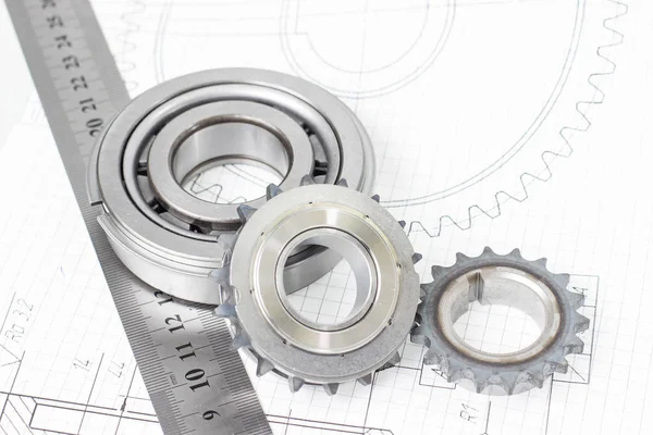Engrenagem Carro Repousa Sobre Desenho — Fotografia de Stock