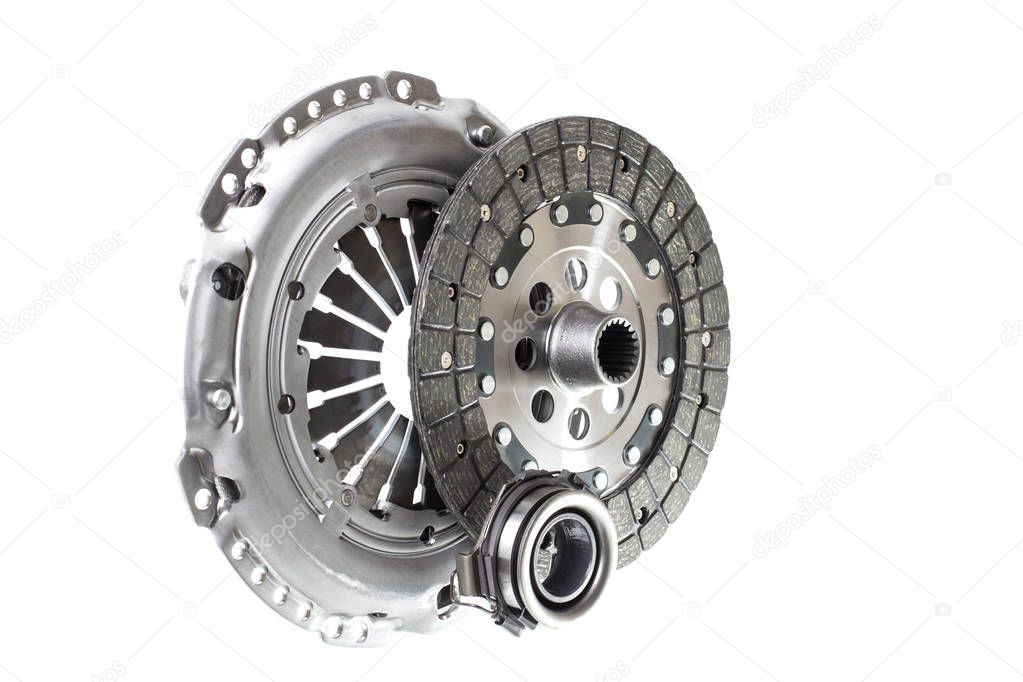 The composition of the elements of car repair kit clutch manual gearbox isolated, on a white background. Auto shop.