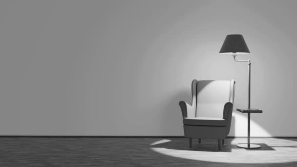 Interieur Illustration Rendering Von Beleuchteten Sessel Und Stehlampe Vor Leerem — Stockvideo