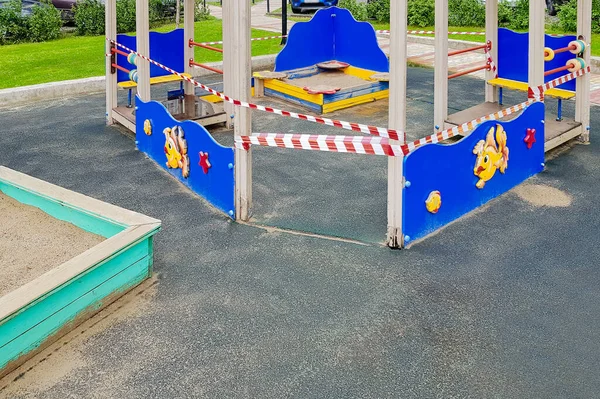 Children Sandpit Playground Wrapped Red Barrier Tape Prohibition Outdoor Walks — Stock Photo, Image