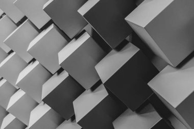 Bir grup boş kutu. Siyah beyaz görüntü. Üç boyutlu illüstrasyon. dijital