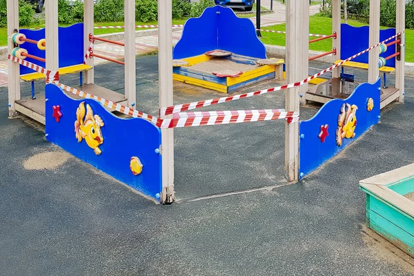 Children Sandpit Playground Park Wrapped Red Barrier Tape Outdoors Prohibition — Stock Photo, Image