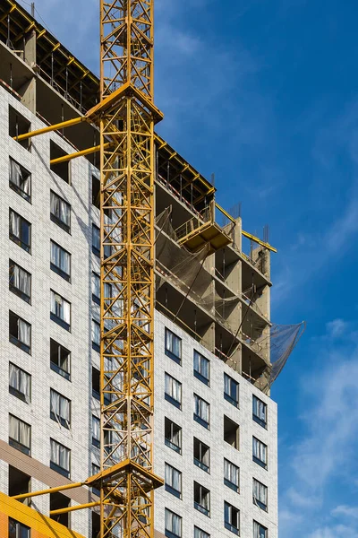 Una Gru Grattacielo Contro Una Casa Cielo Durante Fase Costruzione — Foto Stock
