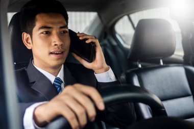 Çekici genç iş adamı. Arabada cep telefonu kullanıyor..