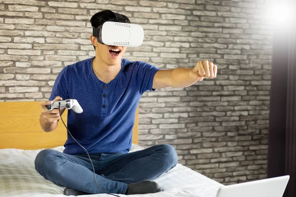 The VR headset design is generic and no logos, Man wearing virtual reality goggles watching movies or playing video games, double exposure effect.