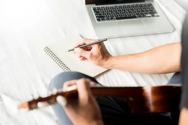 Happy Young Asian Man Playing Ukulele Sitting Bed Bedroom — Stock Photo, Image