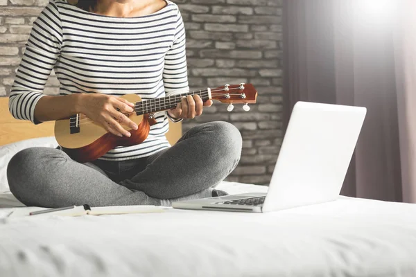 Happy Young Asian Woman Playing Ukulele Sitting Bed Bedroom — Stock Photo, Image