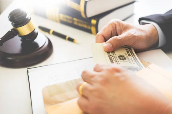Lawyer Being Offered Receiving Money Bribe Client Desk Courtroom — Stock Photo, Image