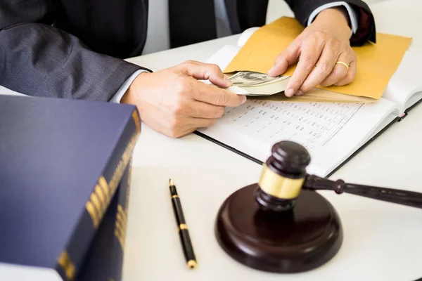 Lawyer Being Offered Receiving Money Bribe Client Desk Courtroom — Stock Photo, Image