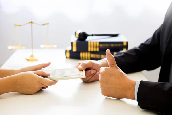 Lawyer Being Offered Receiving Money Bribe Client Desk Courtroom — Stock Photo, Image