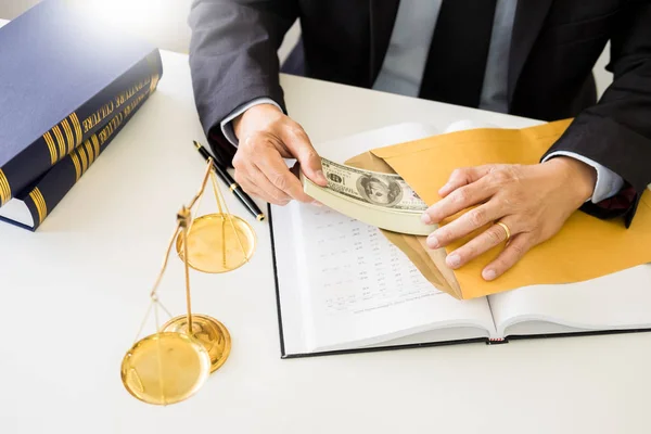 Lawyer Being Offered Receiving Money Bribe Client Desk Courtroom — Stock Photo, Image