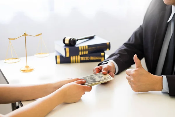Lawyer Being Offered Receiving Money Bribe Client Desk Courtroom — Stock Photo, Image