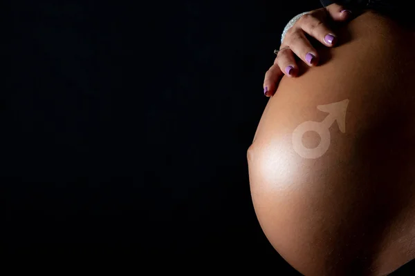 Belly Pregnant Woman Hand Manicured Nails Symbol Male — Stock Photo, Image