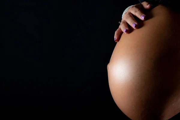 Belly Pregnant Woman Hand Manicured Nails — Stock Photo, Image