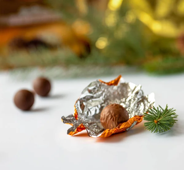Pralines Chocolate Natal Com Decorações — Fotografia de Stock