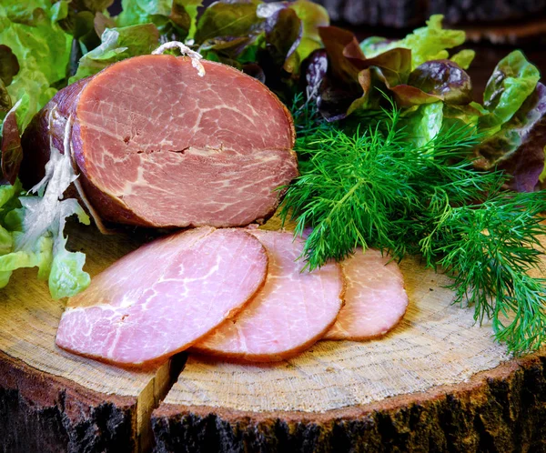 Smoked Ham Herbs Dill Lettuce Wooden Trunk Board — Stock Photo, Image