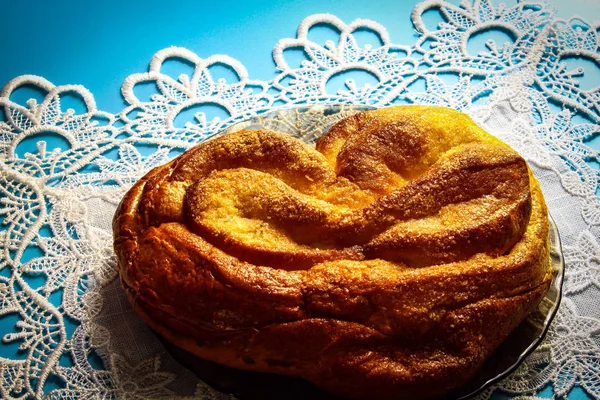 Frische Süße Brötchen Mit Zucker Für Tee Einem Glasteller — Stockfoto