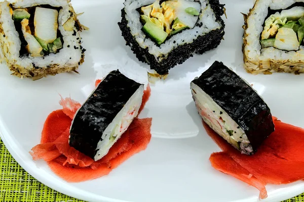 Horizontal Photo Shows Close Food Rice Rolls Wasabi Ginger Rolls — Stock Photo, Image