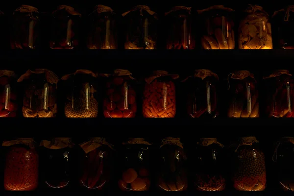 Local traditional food concept - glass jars with pickled vegetables — Stock Image Local traditional food concept - glass jars with pickled vegetables Stock Photo