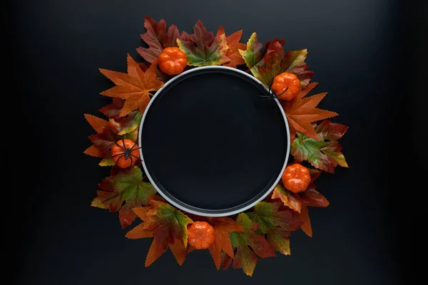 Composition of fall or autumn leaves, pumpkins and spiders around an empty black plate on a dark background. Autumn, fall, halloween, thanksgiving day concept. Flat lay, top view, copy space..